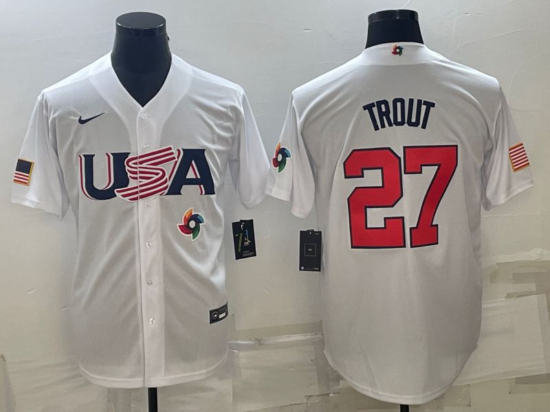 Men 2023 World Cub USA 27 Trout White Nike MLB Jersey10